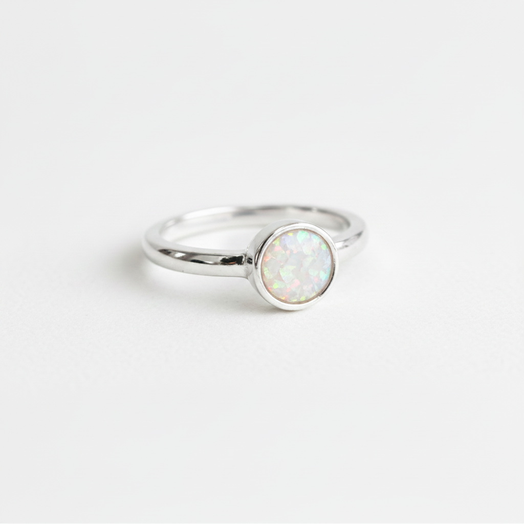 925 sterling silver plain round memorial ring with white pearl opal flakes in 7.5mm bezel