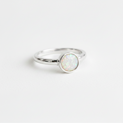 925 sterling silver plain round memorial ring with white pearl opal flakes in 7.5mm bezel