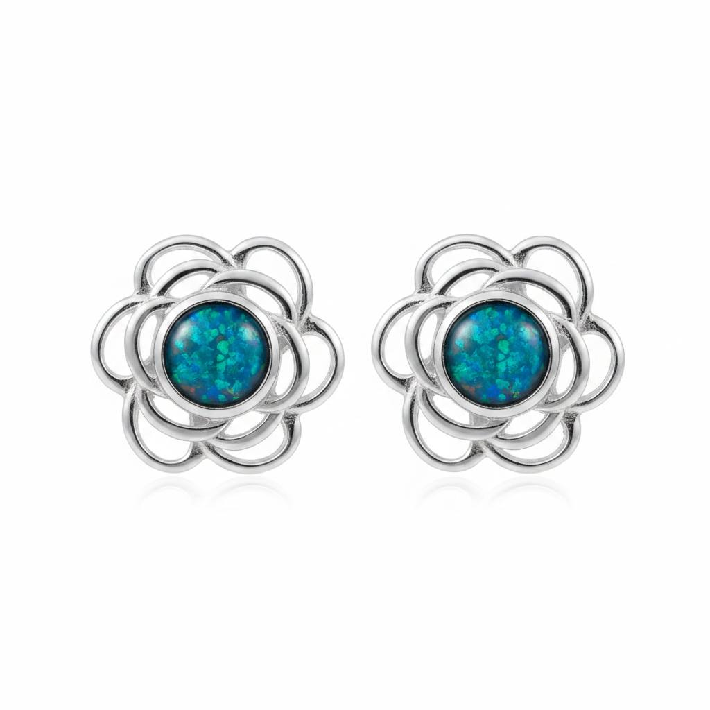 Silver 925 flower rose memorial stud earrings — blue teal opal flakes resin in 4mm centre setting