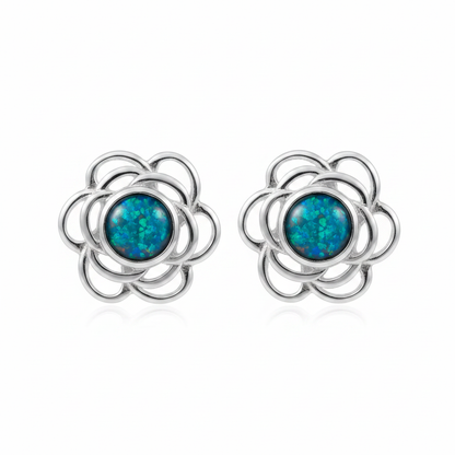 Silver 925 flower rose memorial stud earrings — blue teal opal flakes resin in 4mm centre setting