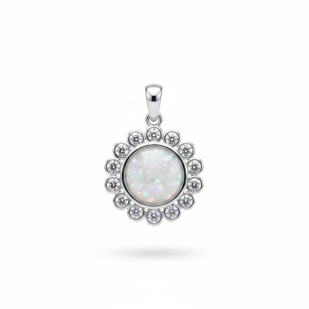 Silver 925 halo CZ memorial pendant with white opal and mica, white background