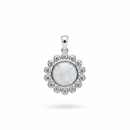 Silver 925 halo CZ memorial pendant with white opal and mica, white background