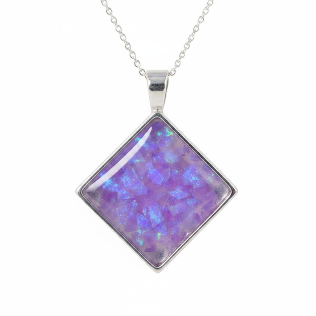 Silver 925 square diamond-set pendant — lavender purple opal flakes domed resin inclusion