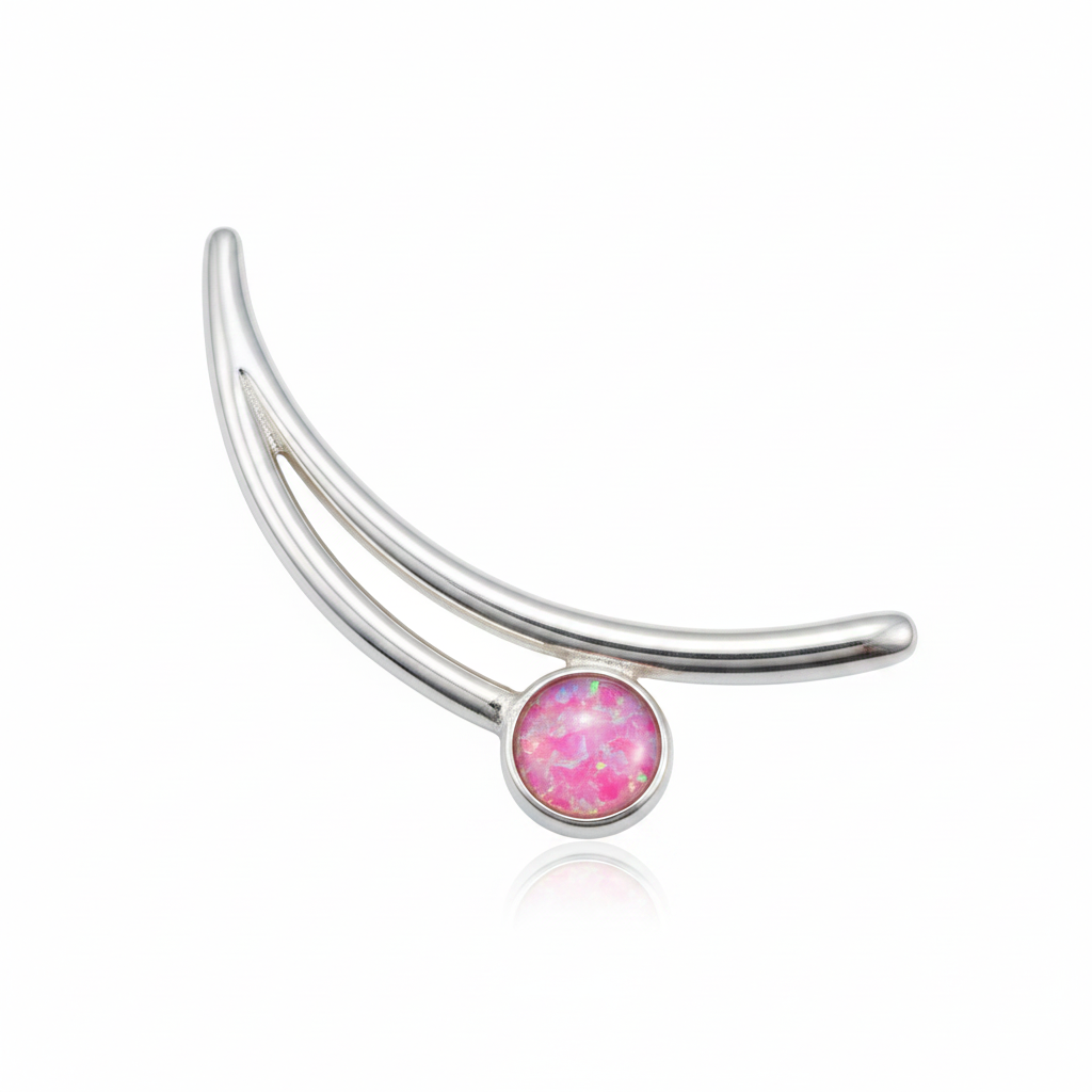 Silver 925 curved bar memorial pendant with pink opal flakes, white background