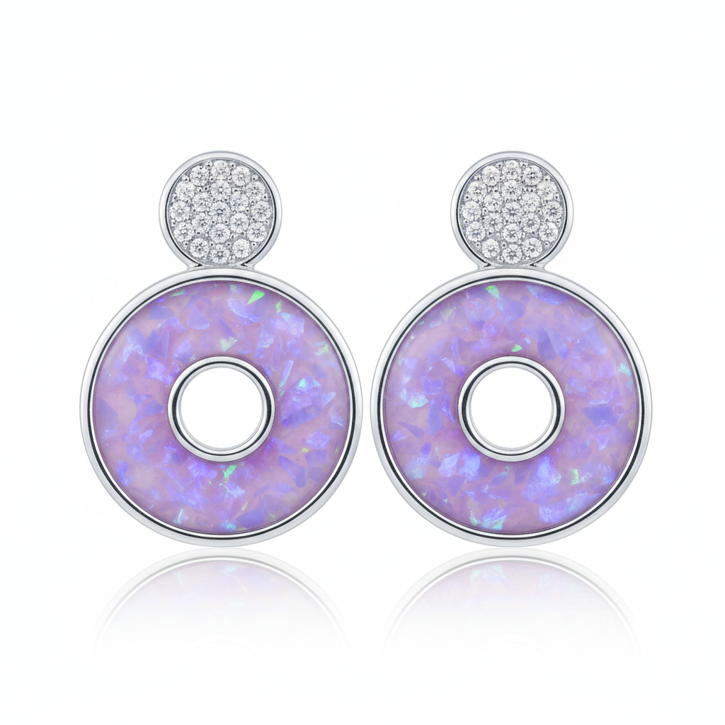 Silver 925 fancy circle CZ memorial stud earrings — lavender purple opal flakes in 4mm circular resin channel with CZ pave disc above