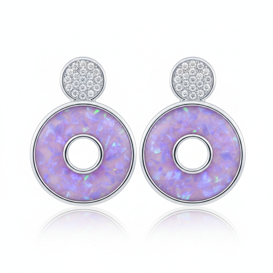 Silver 925 fancy circle CZ memorial stud earrings — lavender purple opal flakes in 4mm circular resin channel with CZ pave disc above