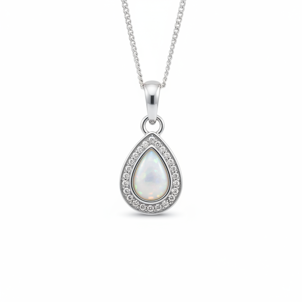 Pear CZ 925 Silver Memorial Pendant with white pearl opal resin inclusion — white background