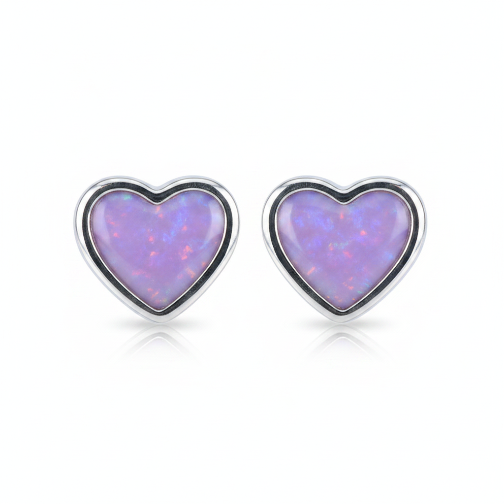 Silver 925 plain heart stud earrings — lavender purple opal resin, white background