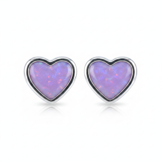 Silver 925 plain heart stud earrings — lavender purple opal resin, white background