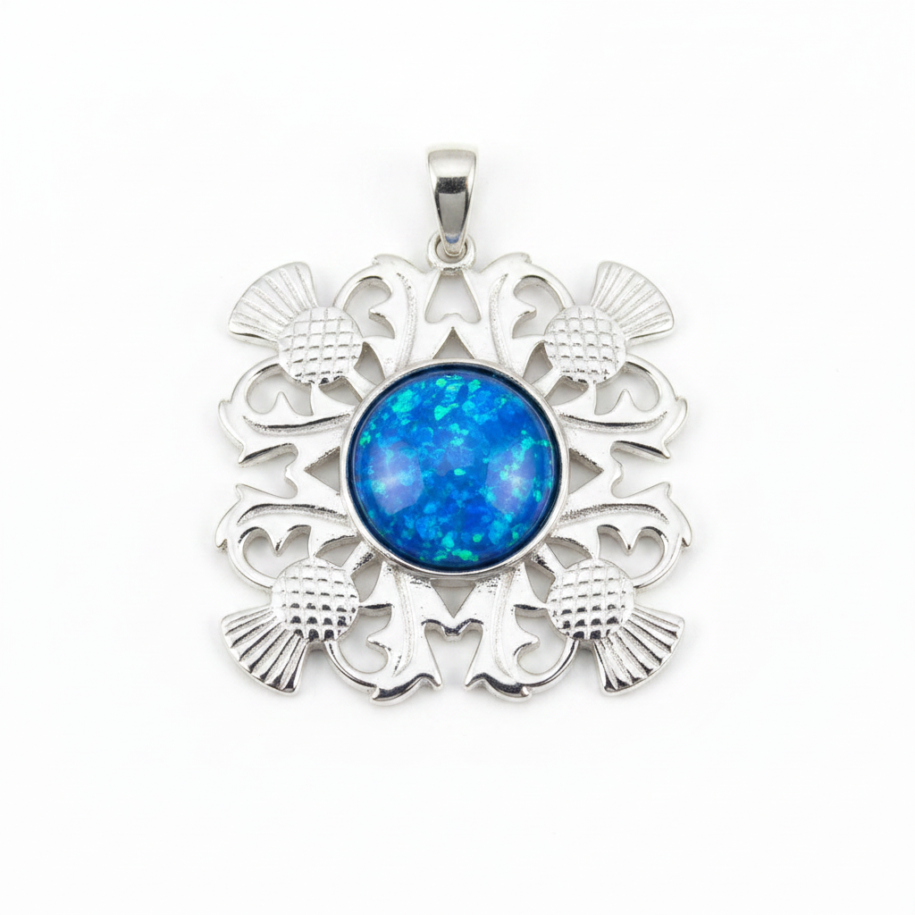 Silver 925 four-thistle filigree memorial pendant with blue opal flakes, white background