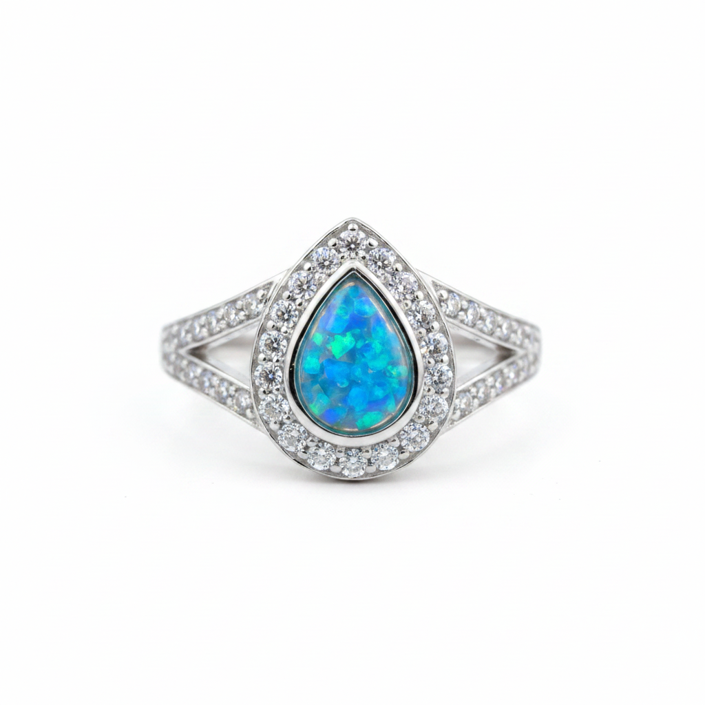 925 sterling silver split shank pear memorial ring with blue teal opal flakes in pear bezel on white background