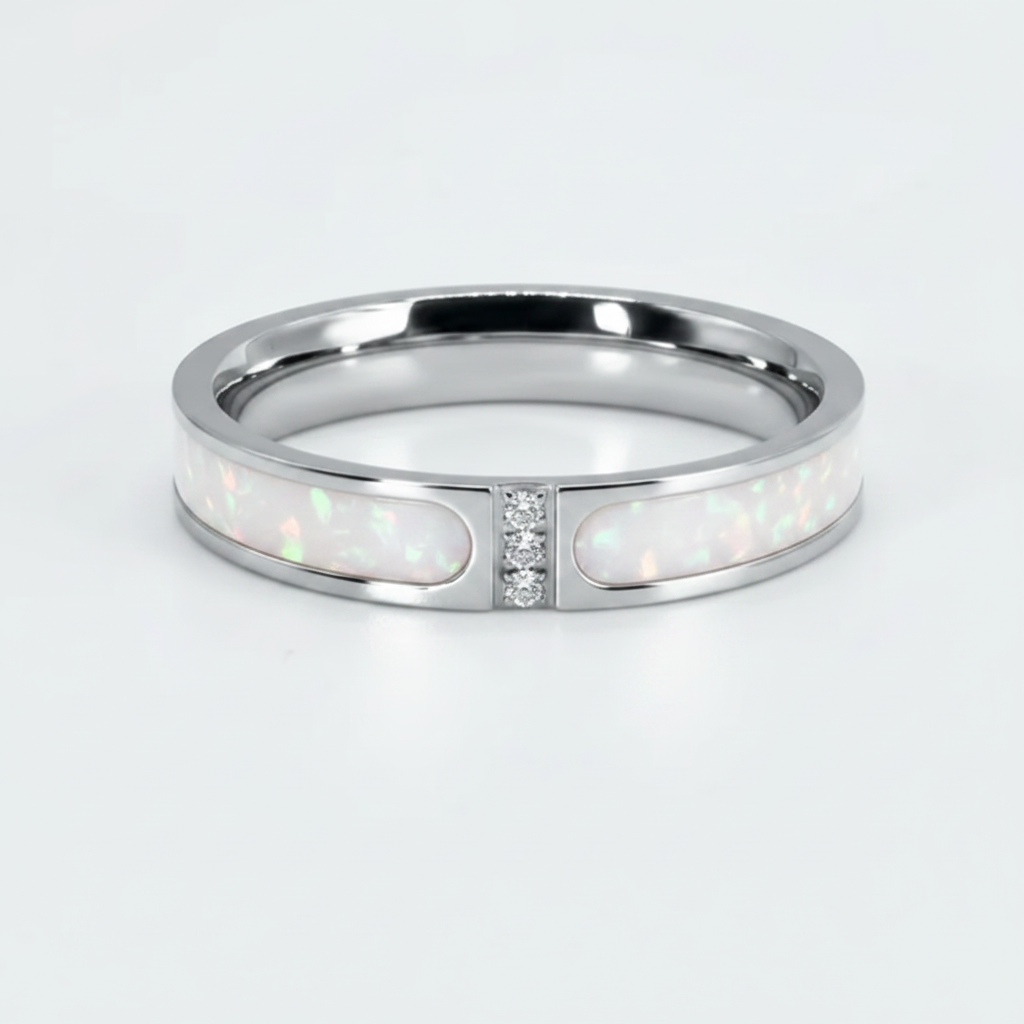 Zircon part channel memorial ring in white pearl opal stainless steel
