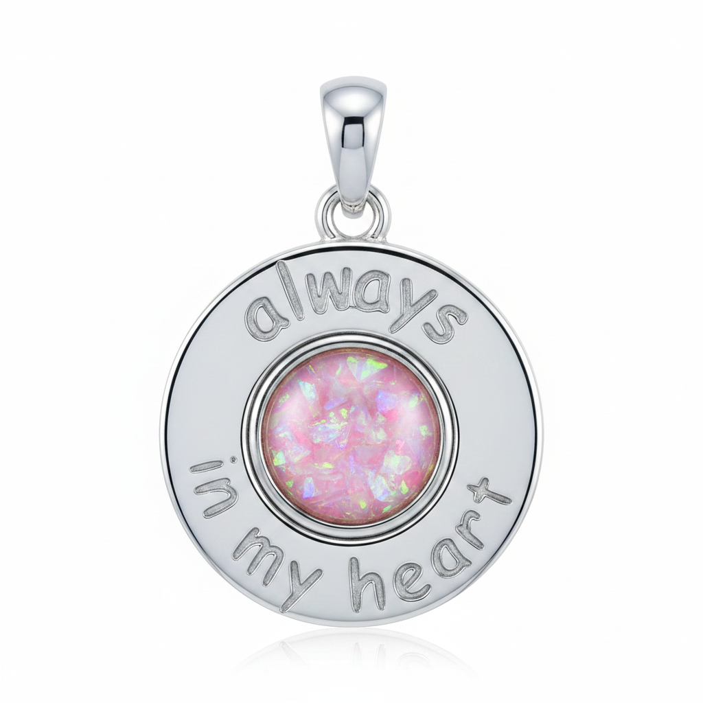 Silver 925 Always In My Heart memorial pendant with pink opal flakes, white background