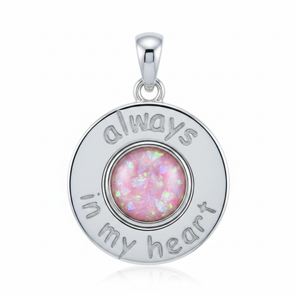 Silver 925 Always In My Heart memorial pendant with pink opal flakes, white background