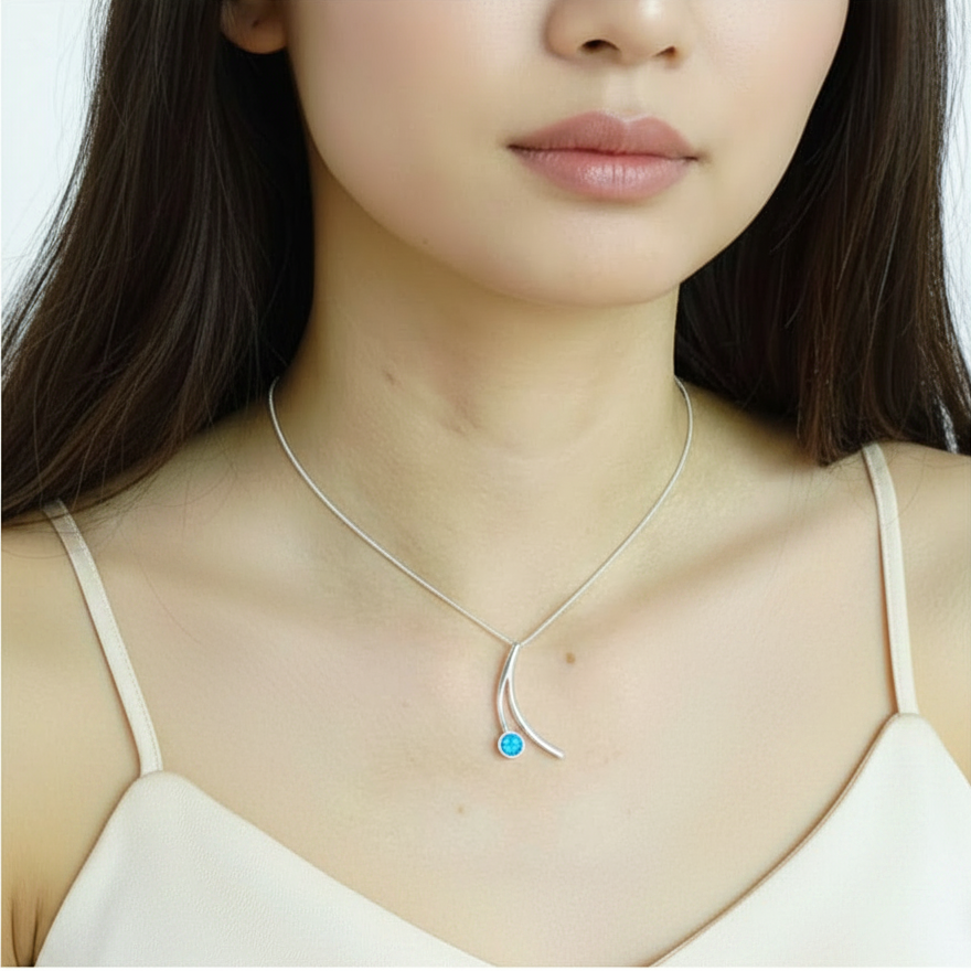 Model wearing silver 925 curved bar memorial pendant at true 36mm scale