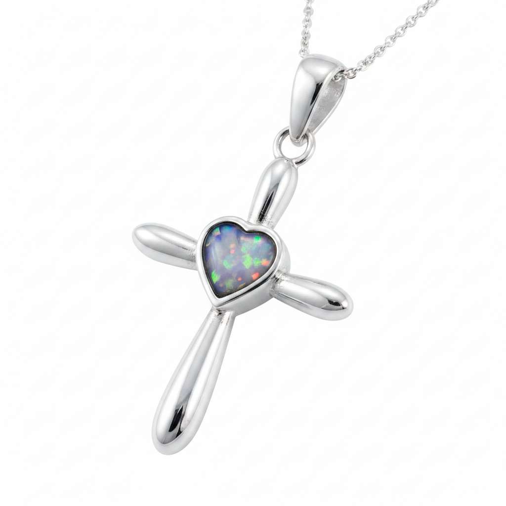 Silver 925 heart cross memorial pendant — white pearl opal flakes resin in 8mm heart-shaped centre setting
