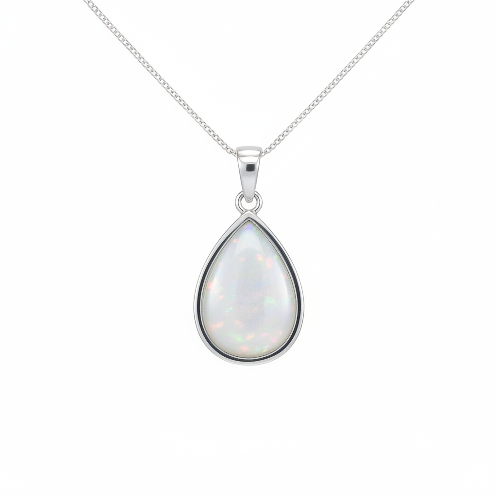 925 sterling silver teardrop pendant necklace with white pearl opal shimmer resin inclusion on white background
