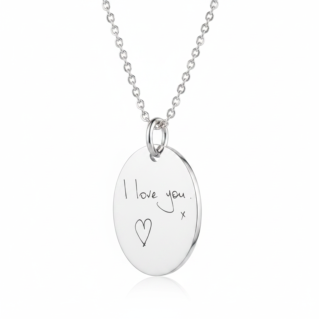 925 sterling silver oval pendant necklace with laser engraved handwriting I love you x hanging on cable chain — Lovely Oxford