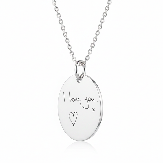 925 sterling silver oval pendant necklace with laser engraved handwriting I love you x hanging on cable chain — Lovely Oxford