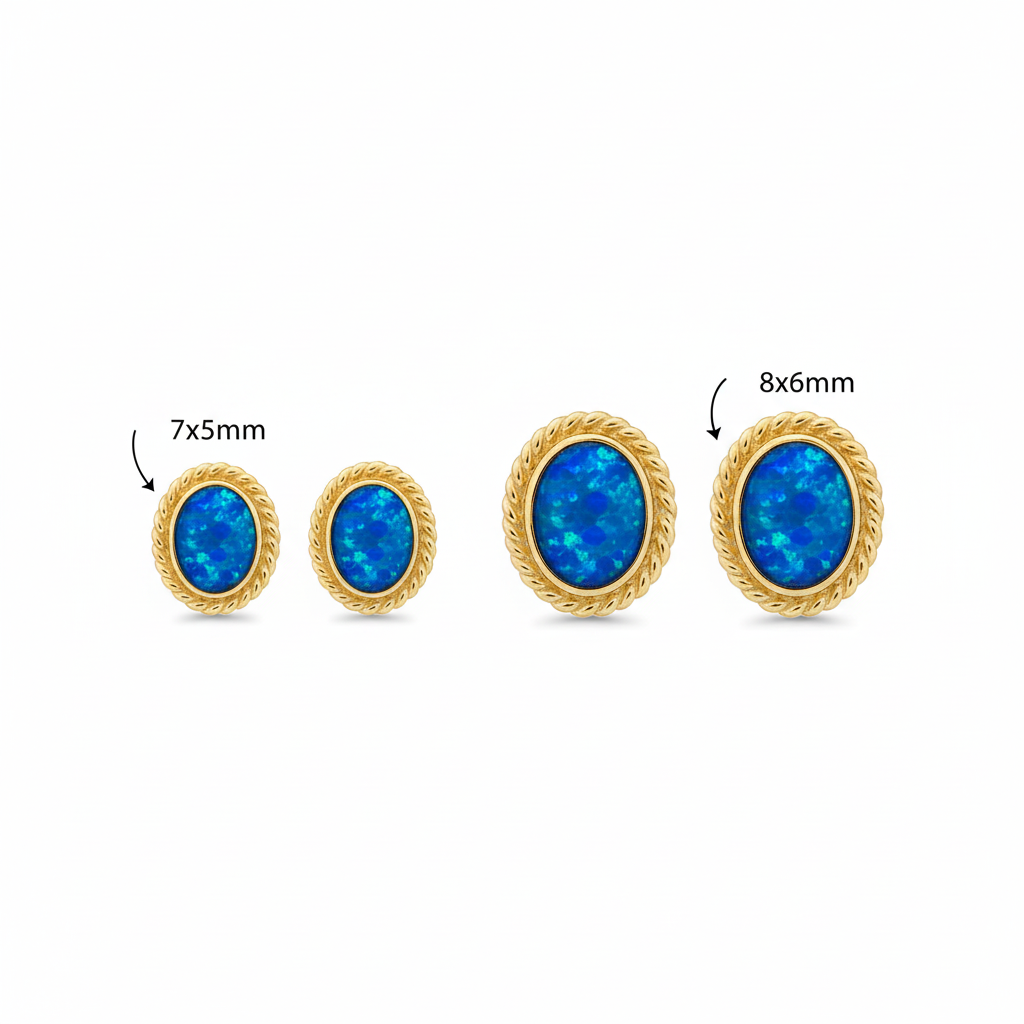 Gold rope edge oval stud earrings dimensions guide — 7x5mm and 8x6mm sizes