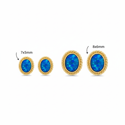 Gold rope edge oval stud earrings dimensions guide — 7x5mm and 8x6mm sizes