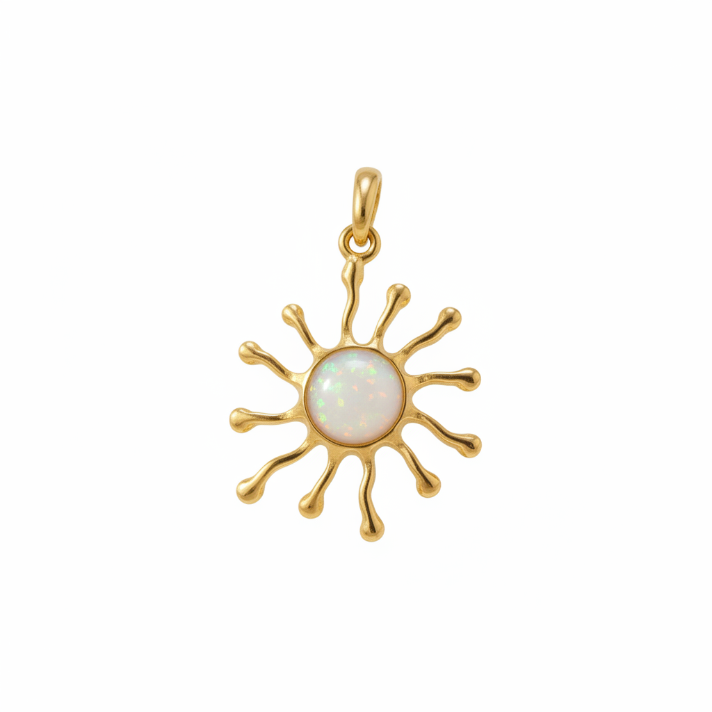 9ct gold sunburst memorial pendant with white pearl iridescent opal flakes