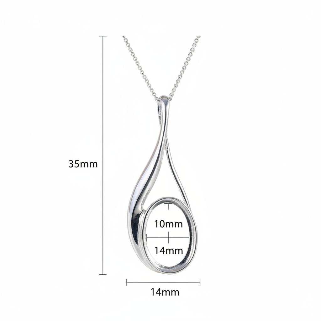 Elegant silver 925 teardrop twist memorial pendant dimensions — 35x14mm overall, 14x10mm oval setting