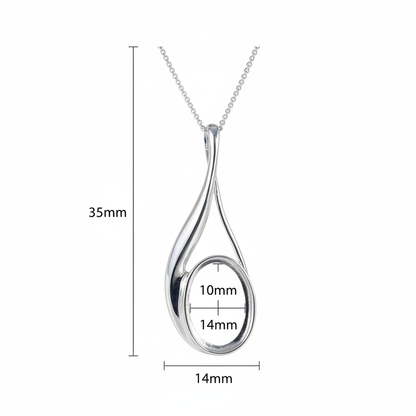 Elegant silver 925 teardrop twist memorial pendant dimensions — 35x14mm overall, 14x10mm oval setting