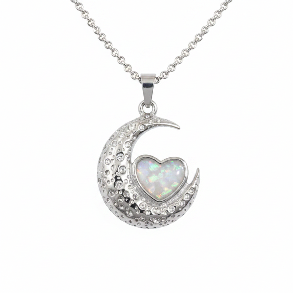 Moon and Heart Memorial Pendant Necklace 316L Stainless Steel with white pearl opal flake inclusion
