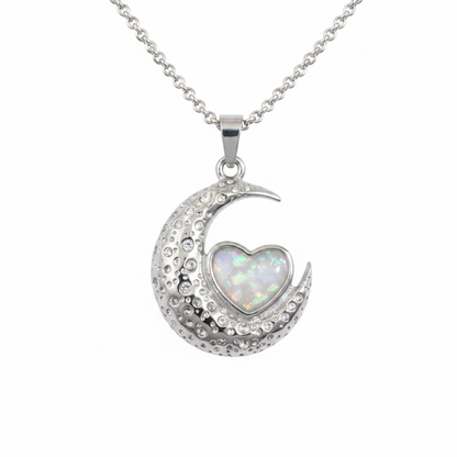 Moon and Heart Memorial Pendant Necklace 316L Stainless Steel with white pearl opal flake inclusion