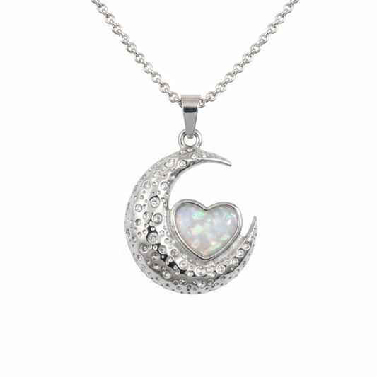 Moon and Heart Memorial Pendant Necklace 316L Stainless Steel with white pearl opal flake inclusion