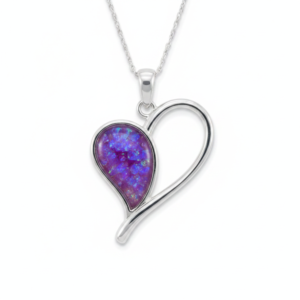 Silver 925 open heart memorial pendant — lavender purple opal flakes resin inclusion