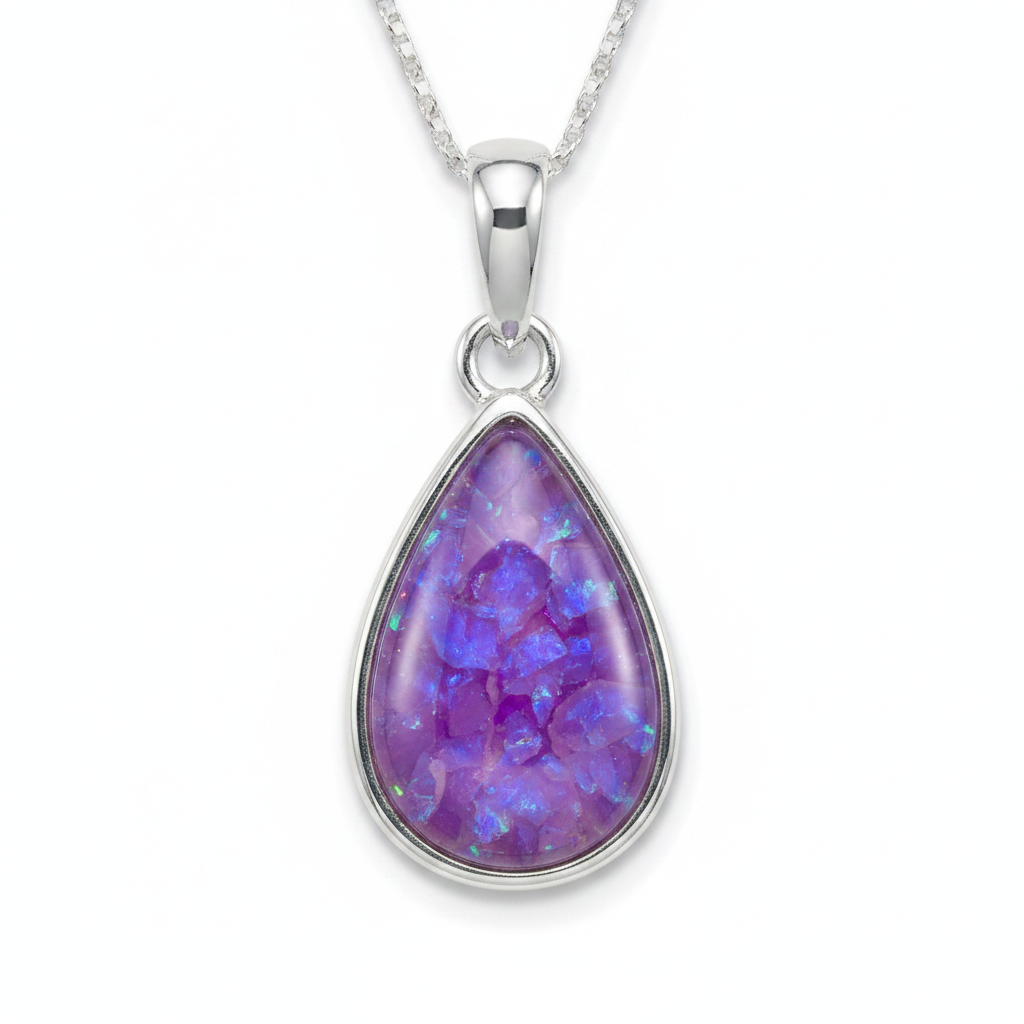 Silver 925 teardrop memorial pendant — lavender purple opal flakes domed resin inclusion