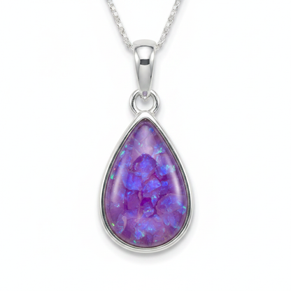 Silver 925 teardrop memorial pendant — lavender purple opal flakes domed resin inclusion