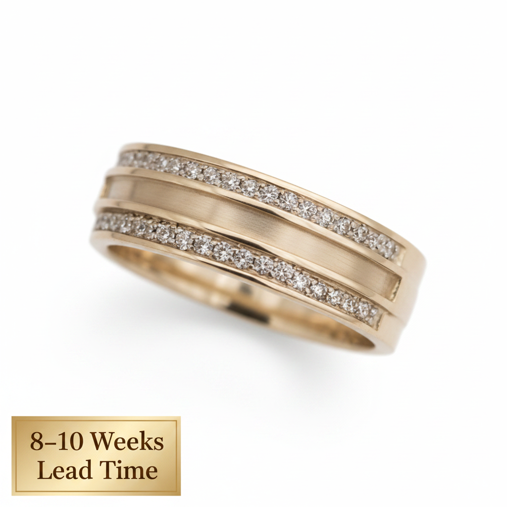 9ct Gold Duo Crystal Half Channel Ring Band — base view with 8-10 weeks lead time sticker