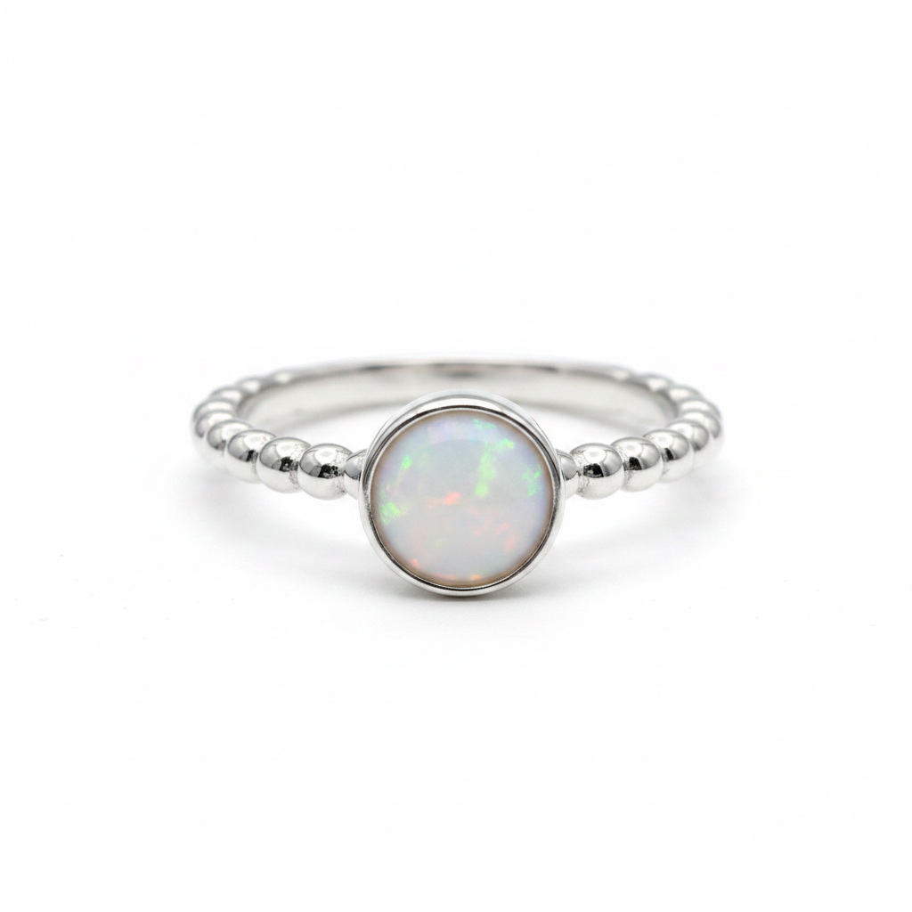 Round 5mm Bobble Shank 925 Silver Ring with white pearl opal resin — pure white background