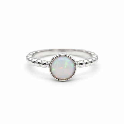 Round 5mm Bobble Shank 925 Silver Ring with white pearl opal resin — pure white background