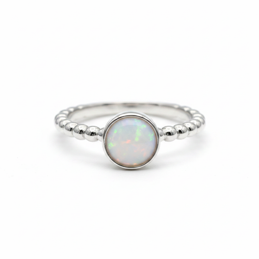 Round 5mm Bobble Shank 925 Silver Ring with white pearl opal resin — pure white background