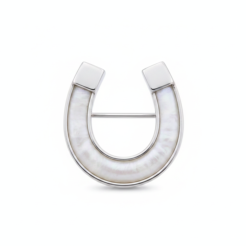 Horse Shoe 925 Silver Stock Pin Brooch – white mica pearl inclusion