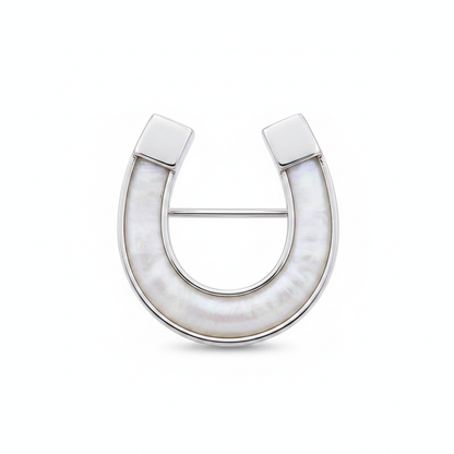 Horse Shoe 925 Silver Stock Pin Brooch – white mica pearl inclusion