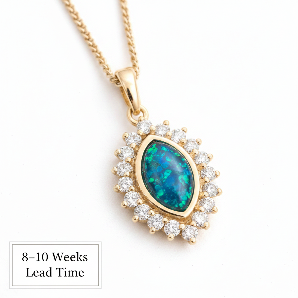 9ct Gold Princess Marquise CZ Halo Pendant — blue teal opal resin, white background