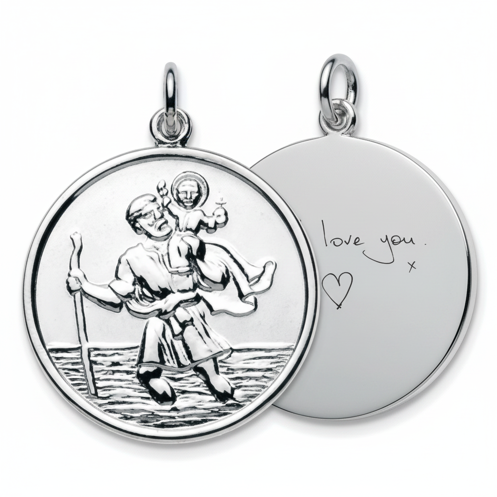 925 sterling silver St Christopher pendant 24mm showing front embossed figure and reverse with laser engraved handwriting — Lovely Oxford