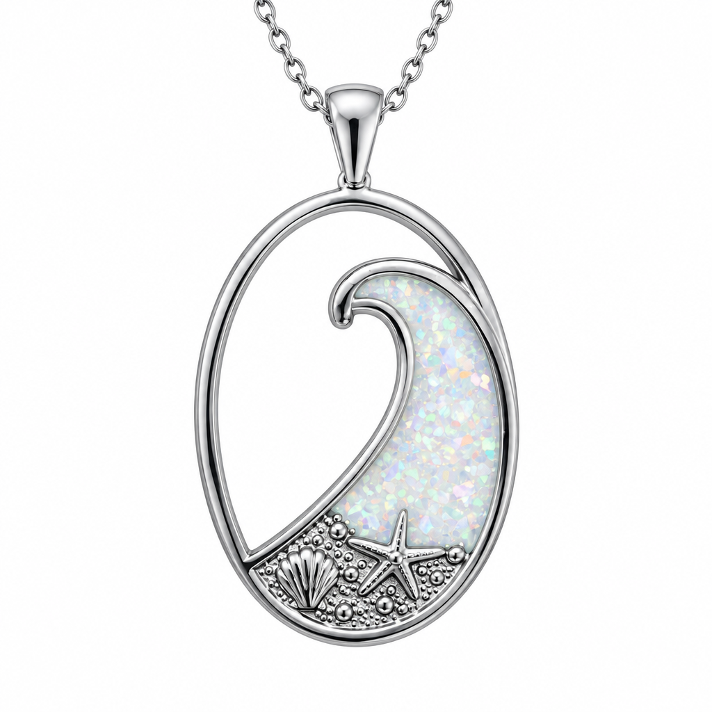 Ocean wave memorial pendant with white pearl opal resin