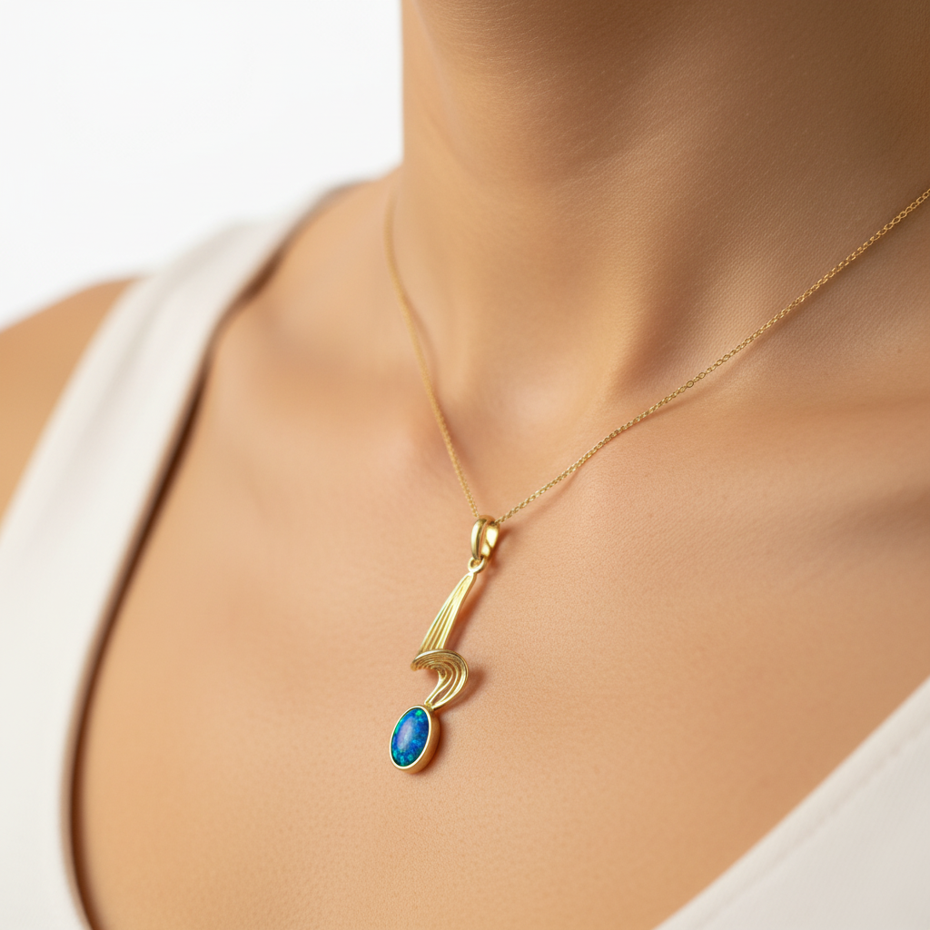 Model wearing 9ct gold wave memorial pendant showing true scale on collarbone