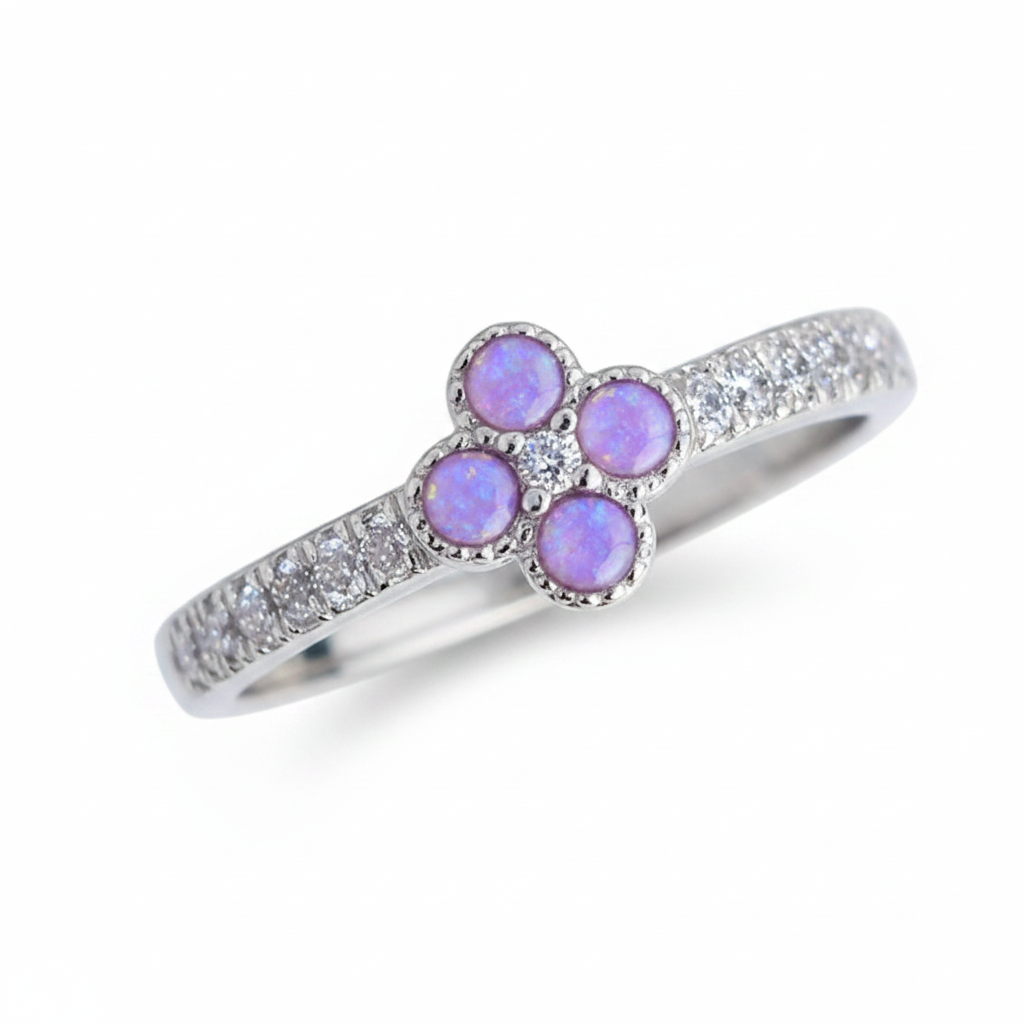 Petite clover 925 silver CZ ring with lavender purple opal resin in four milgrain bezels on white background