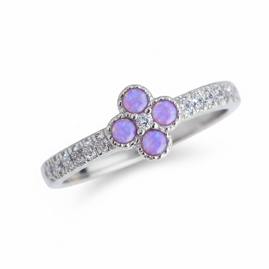 Petite clover 925 silver CZ ring with lavender purple opal resin in four milgrain bezels on white background