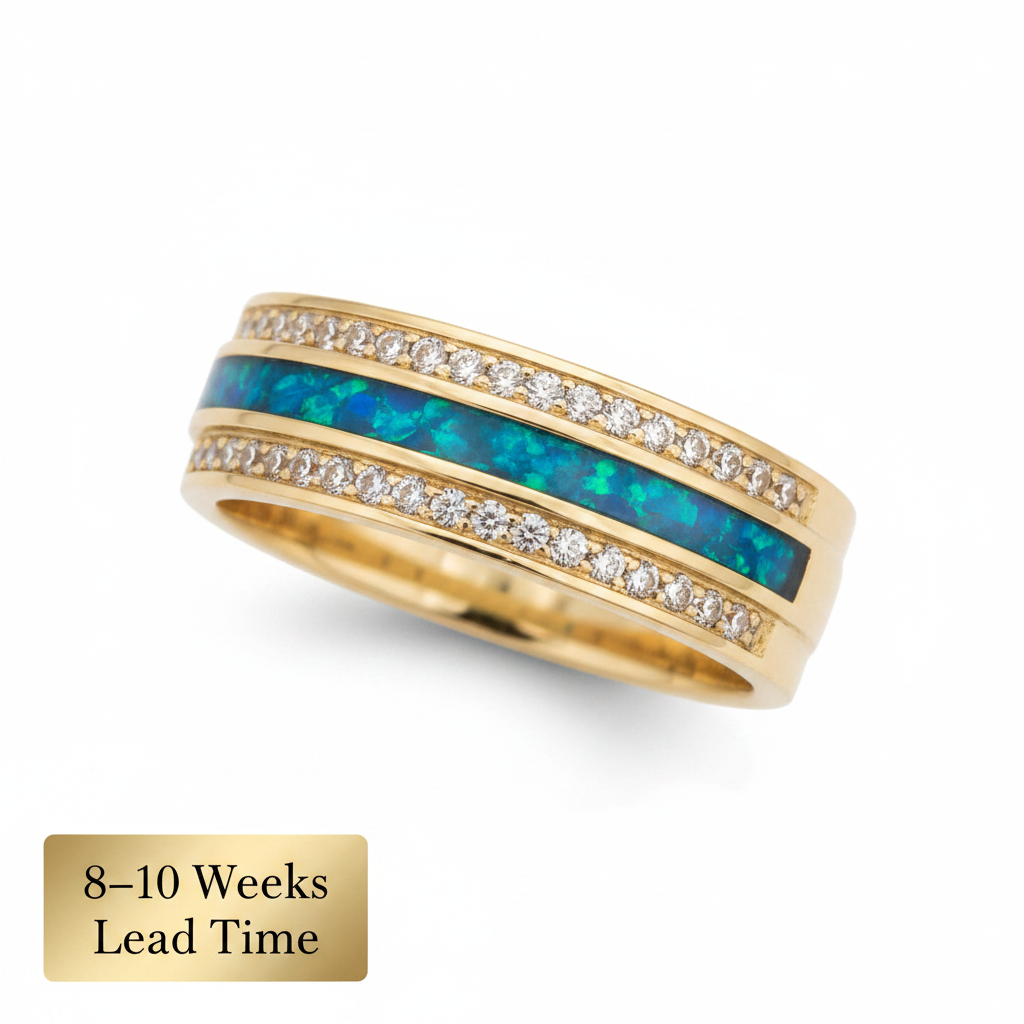 9ct Gold Duo Crystal Half Channel Ring Band — blue teal opal resin with 8-10 weeks lead time sticker