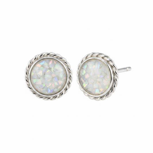 Silver 925 rope edge memorial stud earrings — white pearl opal flakes resin in solid back setting