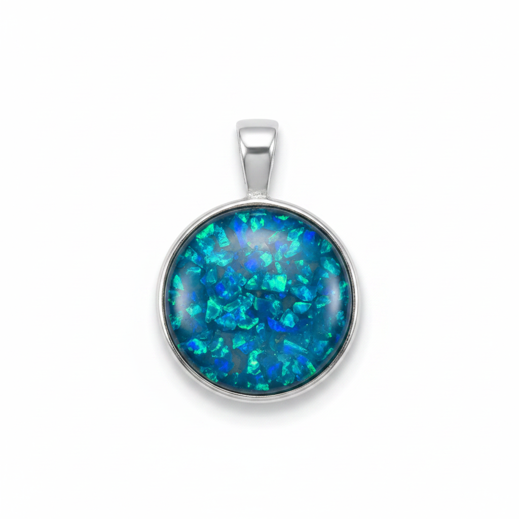 Silver 925 round memorial pendant — blue teal opal flakes domed resin inclusion