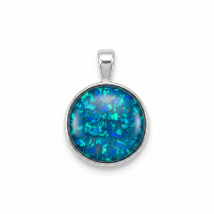 Silver 925 round memorial pendant — blue teal opal flakes domed resin inclusion